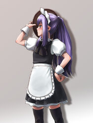  black_thighhighs blush commentary_request elf elvaan female final_fantasy final_fantasy_xi flat_chest latex long_hair maid maid_headdress photoshop_(medium) pointy_ears ponytail prishe purple_hair skindentation solo tara_baka_ni thighhighs tray waitress wrist_cuffs zettai_ryouiki 