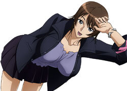  breasts brown_hair commentary_request female j.h. large_breasts open_mouth short_hair skirt solo tsuzuki_shiori witchblade 