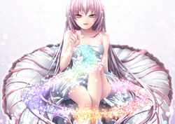  bare_shoulders brown_eyes commentary_request dress evemoina female long_hair oekaki_musume original photoshop_(medium) purple_hair sitting smile solo sparkle very_long_hair 