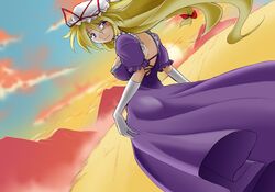  angeldust back blonde_hair commentary_request female hat ribbon sky solo touhou yakumo_yukari 