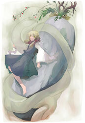  blonde_hair blue_dress dress female long_sleeves mishaguji moriya_suwako rock short_hair simple_background snake solo standing takanashi_akihito touhou white_background yellow_eyes 