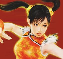  china_dress chinese_clothes commentary_request dress female fm77_(artist) ling_xiaoyu orange_shirt shirt solo tekken twintails 