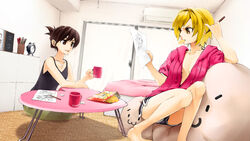  2girls bad_id bad_pixiv_id barefoot blonde_hair blush breasts brown_hair chips_(food) cleavage cup drawing folded_ponytail food highres indoors legs living_room medium_breasts mouth_hold multiple_girls oekaki_musume open_clothes open_shirt original pencil poaro potato_chips room shirt short_hair shorts sitting table wooden_pencil 