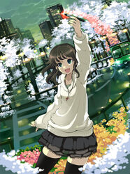  armcho brown_hair commentary_request cowboy_shot female flower green_eyes happy heart jewelry long_hair necklace oekaki_musume original outdoors pen photoshop_(medium) skirt solo sweater thighhighs wide_hips zettai_ryouiki 