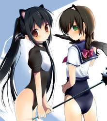  2girls animal_ears ass bad_id bad_pixiv_id black_hair blush braid brown_eyes brown_hair choker crossover flat_chest green_eyes kooh leotard long_hair mace multiple_girls no_pants one-piece_swimsuit pangya paper_man photoshop_(medium) school_swimsuit school_uniform serafuku spiked_mace spikes swimsuit swimsuit_under_clothes twin_braids twintails uya_(munyu) weapon 