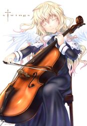  blonde_hair bow_(music) cello closed_eyes commentary_request dress female instrument long_hair music original playing_instrument sabamu solo wings 