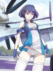  aircraft airplane bare_shoulders bob_cut commentary_request dmitry_popov female fingerless_gloves gloves headphones highres isle_of_winds md5_mismatch panties pantyshot propeller purple_eyes purple_hair short_hair smile solo thighhighs underwear yumi_(isle_of_winds) 