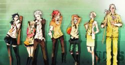  3boys 4girls bad_id bad_pixiv_id badou_nails ball basketball basketball_(object) dogs:_bullets_&amp;_carnage everyone fuyumine_naoto haine_rammsteiner highres katana kiri_(dogs) lineup mihai_mihaeroff mimi_(dogs) mop multiple_boys multiple_girls nill_(dogs) school_uniform serafuku sword thighhighs uzausa weapon 