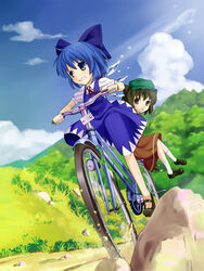  2girls animal_ears bad_id bad_pixiv_id bicycle blue_eyes blue_hair bow brown_eyes brown_hair cat_ears cat_tail chen cirno hairbow hat hidebo multiple_girls multiple_riders multiple_tails outdoors pillion riding short_hair sidesaddle tail touhou wings 