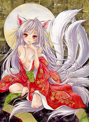  animal_ears bad_id bad_pixiv_id bare_shoulders blush breasts female finger_to_mouth fox_ears fox_tail japanese_clothes kimono long_hair looking_at_viewer medium_breasts multiple_tails off_shoulder original red_eyes red_kimono smile solo tail toyoda_izumi very_long_hair white_hair 