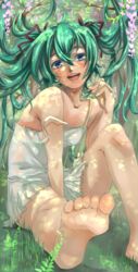  ahoge aqua_hair bad_anatomy barefoot blue_eyes blush dress feet female flower foot_focus foreshortening hatsune_miku highres legs long_hair nature nemeko sitting smile soles solo toes twintails vocaloid white_dress 