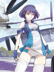  aircraft airplane commentary_request dmitry_popov female fingerless_gloves gloves headset isle_of_winds propeller purple_eyes purple_hair solo thighhighs yumi_(isle_of_winds) 