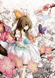  aisaka_taiga bare_shoulders brown_eyes brown_hair bug butterfly dress female flower hair_ornament highres jpeg_artifacts long_hair photoshop_(medium) sitting solo toradora! tree white_dress zhao_shuwen 