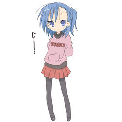  asymmetrical_hair bad_id bad_pixiv_id blue_eyes blue_hair clothes_writing core_(mayomayo) female lucky_star miyakawa-ke_no_kuufuku miyakawa_hikage pantyhose short_hair side_ponytail solo spanish_text 