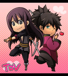  2boys bad_id bad_pixiv_id black_eyes black_hair boots bow_(weapon) bracelet copyright_name green_eyes grey_footwear heart jewelry knee_boots long_hair male_focus multiple_boys nakamura_hiro_(nobody10ch) one_eye_closed photoshop_(medium) pink_background ponytail raven_(tales) smile sword tales_of_(series) tales_of_vesperia weapon yuri_lowell 