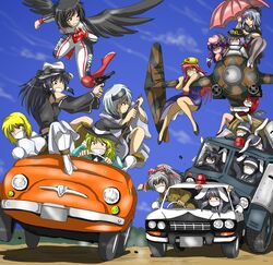  3boys 6+girls aircraft airplane alice_margatroid animal_ears arsene_lupin_iii arsene_lupin_iii_(cosplay) black_wings blonde_hair camera car castle_of_cagliostro commentary_request cosplay driving fiat fiat_500 flying fujiwara_no_mokou green_jacket grin gun hakurei_reimu handgun highres hong_meiling inaba_tewi ishikawa_goemon_xiii ishikawa_goemon_xiii_(cosplay) izayoi_sakuya jacket jigen_daisuke jigen_daisuke_(cosplay) junkei katana kirisame_marisa koakuma konpaku_youmu left-hand_drive lupin_iii motor_vehicle multiple_boys multiple_girls necktie parody patchouli_knowledge police police_car rabbit_ears reisen_udongein_inaba remilia_scarlet revolver shameimaru_aya sheath smile swat sword through_window touhou truck umbrella unsheathing vehicle_focus weapon white_necktie wings 