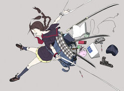  bag bandages book bottle bracelet braid brown_hair candy chocolate chocolate_bar commentary_request copyright_request digital_media_player earbuds earphones earphones_removed female food gun handgun ipod jewelry kenja_tori kneehighs panties school_uniform simple_background skirt socks solo sword twin_braids underwear weapon 