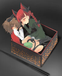  2girls animal_ears bow box braid brown_hair cat_ears cat_tail chen closed_eyes commentary_request extra_ears hair_ribbon in_box in_container kaenbyou_rin multiple_girls multiple_tails noi_(noi_2y) red_hair ribbon short_hair sleeping socks tail touhou twin_braids 