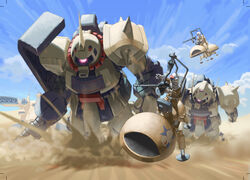  2boys aircraft bad_id bad_pixiv_id cloud day desert dust fmu gallop gun gundam gundam_msv helmet hover_bike landship machine_gun mecha multiple_boys photoshop_(medium) pilot_suit pvn_4/3_wappa robot sand science_fiction soldier spikes weapon zaku zaku_desert_type zaku_ii 