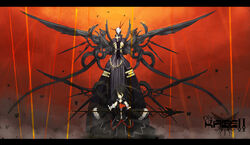  bad_id bad_pixiv_id black_hair detached_sleeves female ganesagi glowing glowing_eyes highres letterboxed long_hair original pixiv pixiv_shadow polearm spear weapon wings yellow_eyes 