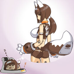  animal_ears ass bad_id bad_pixiv_id breasts brown_eyes brown_hair busou_shinki doll_joints dreaming female joints large_breasts long_hair looking_back pomock ponytail sano_toshihide sleeping smile tail 