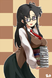  bad_id bad_pixiv_id black_hair black_skirt book breast_rest breasts carried_breast_rest carrying commentary_request female glasses holding holding_book kon_(kdash) large_breasts long_hair long_skirt necktie purple_eyes read_or_die red_necktie skirt solo yomiko_readman 