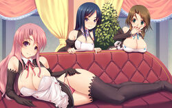  3girls blue_hair blush breasts brown_hair commentary_request dream_c_club dream_c_club_(series) futaba_riho large_breasts legs multiple_girls panties photoshop_(medium) pink_hair reika_(dream_c_club) rui_(dream_c_club) side-tie_panties small_breasts smile syacyo thighhighs underwear untied 