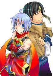  1boy bad_id bad_pixiv_id black_hair blue_eyes blue_hair convoy_chouchou earrings eyepatch female freyjadour_falenas gensou_suikoden gensou_suikoden_v georg_prime headband jewelry photoshop_(medium) scarf short_hair yellow_eyes 