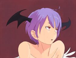  bare_shoulders bat_wings bored commentary_request female head_wings lilith_aensland looking_away portrait purple_hair red_eyes short_hair solo vampire_(game) wings yammy_(cellblo) 