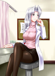  alternate_costume braid bulletin_board commentary_request contemporary crossed_legs female grey_eyes grey_hair lab_coat long_hair miniskirt pantyhose pencil_skirt photoshop_(medium) sitting skirt solo suzuki_sakura touhou turtleneck yagokoro_eirin 