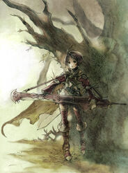  brown_hair cloak commentary_request copyright_request female photoshop_(medium) solo sword tree watanabe_minoru weapon 