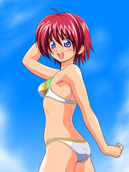  ass bikini blue_eyes breasts commentary_request female hinomoto_hikari inferno_(nanbu14) looking_back mole mole_under_eye open_mouth red_hair short_hair small_breasts solo swimsuit tokimeki_memorial tokimeki_memorial_2 