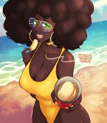  1girls afro beach big_breasts black_hair chikkibug chips chips_(food) clothed dark-skinned_female dark_skin earrings female pringles safe seaside sfw solo sunglasses swimsuit tinted_eyewear yellow-tinted_eyewear yellow_fingernails yellow_swimsuit 