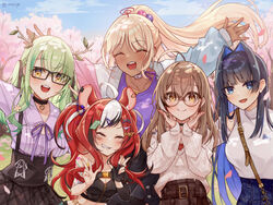  5girls absurdres ahoge animal_ears antlers arms_up belt berry black-framed_eyewear black_choker black_gloves black_hair black_skirt black_tube_top blonde_hair blue_hair blunt_bangs brown_bag brown_eyes brown_hair brown_skirt casual ceres_fauna ceres_fauna_(jirai_kei) cherry_blossoms choker cleavage_cutout clothing_cutout colored_inner_hair crop_top crossed_bangs dark-skinned_female dark_skin denim detached_sleeves double_v earrings fingerless_gloves flower food-themed_earrings glasses gloves green_hair hair_flower hair_intakes hair_ornament hair_ribbon hairclip hakos_baelz hakos_baelz_(casual) heart heart_choker high-waist_pants high-waist_skirt highres hime_cut holocouncil hololive hololive_english horns jacket jeans jewelry jirai_kei limiter_(tsukumo_sana) long_hair looking_at_viewer mole mole_under_eye mouse_ears mouse_girl multicolored_clothes multicolored_hair multicolored_jacket multiple_girls nanashi_mumei nanashi_mumei_(casual) official_alternate_costume ouro_kronii ouro_kronii_(casual) pants plaid plaid_skirt pleated_skirt ponytail purple_ribbon purple_shirt red_hair red_shirt ribbon round_eyewear shirt short_shorts shorts sidelocks single_glove single_sleeve skirt sleeves_past_wrists smile strapless streaked_hair sweater sweater_tucked_in t-shirt tsukumo_sana tube_top twintails two_side_up v very_long_hair virtual_youtuber white_hair white_sweater yellow_eyes zixsiga 