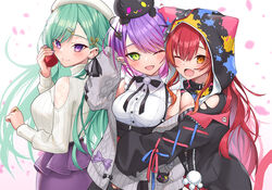  3girls :d beret bibi_(tokoyami_towa) black_hoodie blush breasts clothing_cutout collared_shirt ear_piercing fangs green_eyes green_hair grey_eyes hair_behind_ear hair_ornament hairclip hat hololive hood hoodie hug long_hair looking_at_viewer medium_breasts multiple_girls nekota_tsuna nekota_tsuna_(1st_costume) oerba_yun_fang open_mouth orange_eyes piercing purple_eyes purple_nails red_hair shirt short_hair shoulder_cutout skin_fang slit_pupils smile sweater tokoyami_towa tokoyami_towa_(jirai_kei) turtleneck turtleneck_sweater upper_body virtual_youtuber vspo! white_headwear yakumo_beni yakumo_beni_(3rd_costume) z.m._(zimin) 