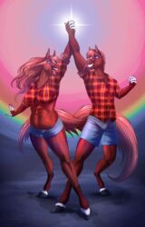  2022 alternate_form anthro belly blue_eyes bottomwear breasts clothing digital_media_(artwork) duo equid equine female fur hair happy hi_res horse long_hair looking_up male mammal midriff muscular muscular_anthro muscular_male navel open_mouth patreon patreon_artist pink_hair poster power rainbow rainstorm_(marefurryfan) red_body red_fur reward shirt shorts slightly_chubby slightly_chubby_anthro slightly_chubby_female smile square_crossover standing sunny_way teet teeth text thick_thighs tongue topwear url 