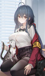  absurdres ahoge armband azur_lane bag black_bow black_bowtie black_hair black_pantyhose bow bowtie breasts button_gap coat collared_shirt feline female genera-x glasses hair_between_eyes hand_on_own_leg high-waist_skirt highres indoors large_breasts long_hair looking_at_viewer off_shoulder official_alternate_costume pantyhose pleated_skirt red_coat red_eyes school_bag school_uniform shirt shirt_tucked_in skirt solo taihou_(azur_lane) taihou_(sweet_time_after_school)_(azur_lane) taut_clothes taut_shirt white_shirt window_blinds yellow_armband 