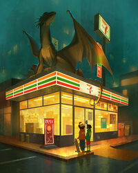  2boys 7-eleven animal_focus baseball_cap blue_pants city convenience_store devin_elle_kurtz dragon green_jacket hat highres holding holding_phone jacket multiple_boys original outdoors pants phone red_shorts scenery shop shorts size_difference skateboard standing tail taking_picture western_dragon window wings yellow_hat 