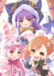  3girls :d animal_ears animal_hat animal_hood bandaged_hand bandages bare_shoulders bell black_capelet black_gloves black_jacket black_skirt black_sleeves blush bow braid brown_bow brown_eyes brown_hair button_eyes buttons capelet cat_ears cat_hood cat_tail claw_pose commentary_request crop_top detached_sleeves elbow_gloves elf fake_animal_ears frilled_skirt frills fur-trimmed_capelet fur-trimmed_hood fur-trimmed_skirt fur-trimmed_sleeves fur_trim gloves green_bow hair_ornament hair_over_shoulder hand_up hands_up hat highres hood hooded_capelet jacket jingle_bell kyoka_(halloween)_(princess_connect!) kyoka_(princess_connect!) lightning_bolt_hair_ornament lightning_bolt_symbol long_hair long_sleeves looking_at_viewer low_twintails midriff mimi_(halloween)_(princess_connect!) mimi_(princess_connect!) misogi_(halloween)_(princess_connect!) misogi_(princess_connect!) multiple_girls navel nut_(hardware) nut_hair_ornament oerba_yun_fang open_mouth orange_bow parted_bangs pink_capelet pink_hair pointy_ears princess_connect! puffy_short_sleeves puffy_sleeves purple_bow purple_hair rabbit_ears rabbit_hat red_bow red_skirt short_sleeves side_ponytail skin_fang skirt sleeves_past_wrists smile standing tail teeth tsukiman twin_braids twintails twitter_username upper_teeth_only v v-shaped_eyebrows very_long_hair white_background white_bow wide_sleeves 