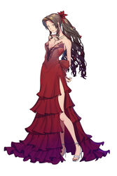  absurdres aerith_gainsborough aerith_gainsborough_(red_dress) arms_behind_back back_bow bare_arms bow breasts brown_hair cleavage collarbone d&#039;orsay_heels dress etaa89 female final_fantasy final_fantasy_vii final_fantasy_vii_remake flamenco_dress flower full_body green_eyes hair_flower hair_ornament hair_ribbon high_heels highres jewelry long_dress long_hair looking_at_viewer medium_breasts nail_polish necklace official_alternate_costume parted_bangs plunging_neckline ponytail red_dress red_nails ribbon ringlets sandals side_slit sidelocks simple_background solo strapless strapless_dress strappy_heels toeless_footwear toenail_polish toenails wavy_hair white_background 