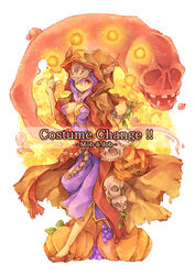  breasts brown_cloak brown_footwear cleavage cloak closed_mouth commentary_request cover cover_page doujin_cover dress female food fruit full_body ghost grapes hair_between_eyes hood hood_up hooded_cloak horns horns_through_hood humanization jack-o&#039;-lantern long_hair looking_at_viewer lunaraven medium_breasts necromancer_(ragnarok_online) pumpkin purple_dress purple_hair ragfes ragnarok_online red_eyes shoes skull smile solo white_background 