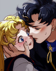  2girls bishoujo_senshi_sailor_moon blonde_hair blue_eyes blue_hair blue_sailor_collar blush commentary couple english_commentary gakuran grey_background hand_on_another&#039;s_cheek hand_on_another&#039;s_face image_sample imminent_kiss juuban_high_school_uniform mayo_(becky2006) multiple_girls open_mouth parted_bangs sailor_collar school_uniform seiya_kou serafuku short_hair simple_background star_(symbol) sweat teeth tsukino_usagi tumblr_sample upper_body upper_teeth_only yuri 