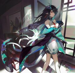  absurdres arknights arm_tattoo bare_shoulders black_hair black_jacket china_dress chinese_clothes colored_skin crossed_arms dress dusk_(arknights) earrings feet_out_of_frame female flame-tipped_tail floating_hair green_hair green_skin hair_over_one_eye highres horns indoors jacket jewelry long_hair looking_at_viewer multicolored_hair necktie off_shoulder open_clothes open_jacket pointy_ears red_eyes red_necktie sleeveless sleeveless_dress solo standing streaked_hair tail tassel tassel_earrings tattoo twice12314 twitter_username very_long_hair white_dress window 