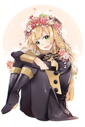  blonde_hair boots commentary english_commentary female fire_emblem fire_emblem:_three_houses flower garreg_mach_monastery_uniform green_eyes hair_flower hair_ornament ingrid_brandl_galatea knee_boots knees_up long_hair long_sleeves open_mouth petals rirene_rn sitting solo uniform 