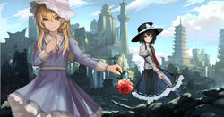  2girls arm_belt armband arms_up bad_id bad_pixiv_id belt black_eyes black_headwear black_skirt blonde_hair blue_dress blue_sky book brown_hair building chinese_commentary city cityscape cloud commentary_request cowboy_shot day debris dress duplicate fedora flower gudadan hair_between_eyes hand_on_own_chest hat hat_ribbon highres holding holding_book holding_flower juliet_sleeves long_hair long_sleeves looking_at_viewer maribel_hearn mob_cap multiple_girls necktie outdoors outstretched_arm pagoda petticoat pixel-perfect_duplicate puffy_sleeves purple_dress red_flower red_necktie red_rose ribbon rose ruins shirt skirt sky skyscraper smile standing touhou tower usami_renko water waterfall white_headwear white_legwear white_shirt yellow_eyes 