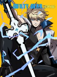  1boy absurdres arm_up armpits bare_pectorals belt belt_buckle blonde_hair blue_eyes blue_gloves bracelet buckle closed_mouth coat coat_on_shoulders collarbone copyright_name cross electricity english_text fingerless_gloves fingernails flat_color gloves guilty_gear guilty_gear_strive hair_between_eyes highres jewelry ky_kiske looking_at_viewer makai making-of_available male_focus muscular muscular_male pectorals simple_background sitting smile solo sword thunderseal weapon white_coat yellow_background zipper 