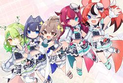  5girls :d \||/ ahoge antlers asymmetrical_clothes asymmetrical_legwear asymmetrical_sleeves black_hair black_skirt blue_bow blue_eyes blue_hair bow braid branch brown_bow brown_eyes brown_hair buttons ceres_fauna chain_headband chains chibi cleavage_cutout clothing_cutout crop_top double-breasted flower frills green_bow green_hair hair_between_eyes hair_flower hair_intakes hair_ornament hakos_baelz headband heterochromia highres holocouncil hololive hololive_english hololive_idol_uniform_(bright) horns idol idol_clothes irys_(hololive) kotake_8 long_hair long_sleeves medium_hair midriff multicolored_hair multiple_girls nanashi_mumei official_alternate_costume one_eye_closed open_mouth ouro_kronii pink_eyes plaid plaid_skirt pleated_skirt pointy_ears ponytail red_bow red_hair ribbon shirt short_hair single_braid single_thighhigh skirt sleeveless smile stomach streaked_hair thigh_strap thighhighs virtual_youtuber waving white_bow white_hair white_skirt yellow_eyes 