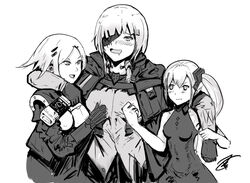  3girls alcohol blush bottle destroyer_(girls&#039;_frontline) drunk eyepatch fallenspherell girl_sandwich girls&#039;_frontline gloves grabbing grabbing_another&#039;s_breast harem hunter_(girls&#039;_frontline) jack_daniel&#039;s m16a1_(boss)_(girls&#039;_frontline) m16a1_(girls&#039;_frontline) multiple_girls sandwiched sangvis_ferri scar scar_across_eye scar_on_face wine_bottle yuri 