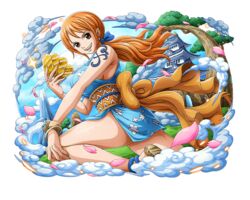  architecture cherry_blossoms east_asian_architecture falling_petals female gold japanese_clothes log_pose long_hair looking_at_viewer nami_(one_piece) official_alternate_costume official_art one_piece one_piece_treasure_cruise open_mouth orange_hair petals shoulder_tattoo solo tattoo teeth upper_teeth_only 