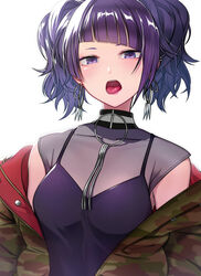  :o akimikan_(2.5deciliter) armpit_crease camouflage camouflage_jacket collarbone commentary_request diagonal_bangs earrings female highres hoop_earrings idolmaster idolmaster_shiny_colors jacket jewelry long_hair looking_at_viewer off_shoulder open_clothes open_jacket open_mouth photoshop_(medium) purple_eyes purple_hair purple_shirt shirt solo tanaka_mamimi tongue tongue_out twintails upper_body 